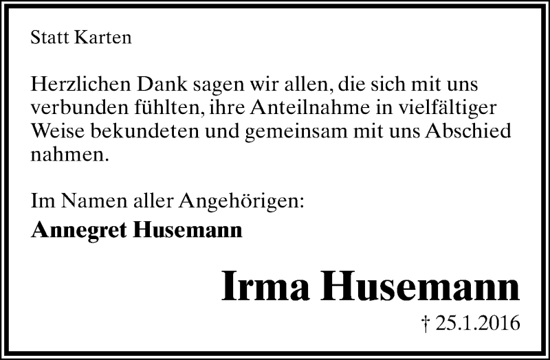  Traueranzeige für Irma Husemann vom 05.03.2016 aus Lippische Landes-Zeitung