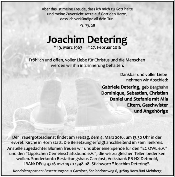 Anzeige  Joachim Detering  Lippische Landes-Zeitung