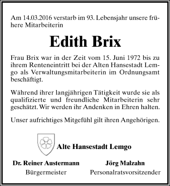 Anzeige  Edith Brix  Lippische Landes-Zeitung
