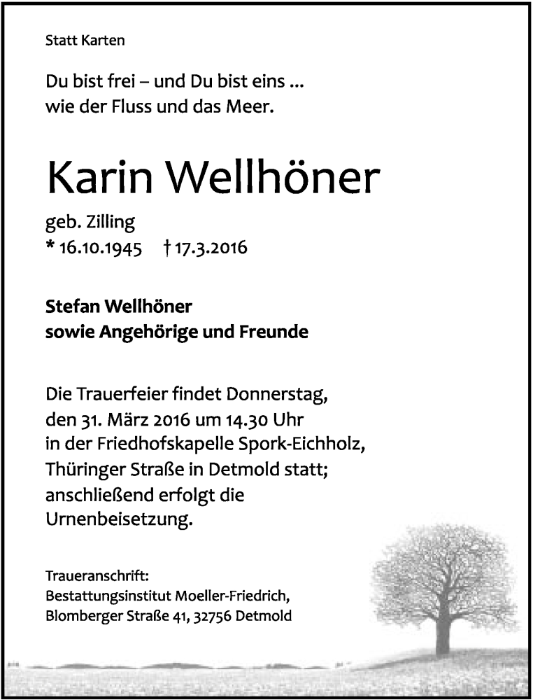  Traueranzeige für Karin Wellhöner vom 25.03.2016 aus Lippische Landes-Zeitung