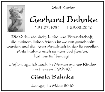 Anzeige  Gerhard Behnke  Lippische Landes-Zeitung