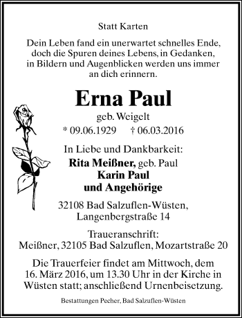 Anzeige  Erna Paul  Lippische Landes-Zeitung