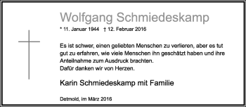 Anzeige  Wolfgang Schmiedeskamp  Lippische Landes-Zeitung