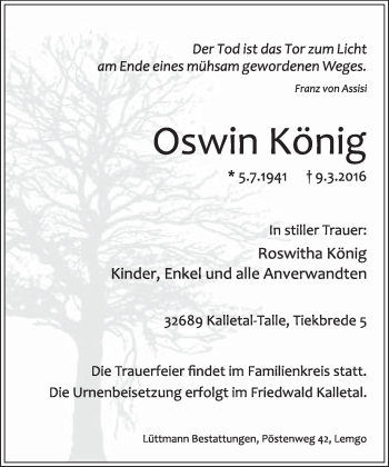 Anzeige  Oswin König  Lippische Landes-Zeitung