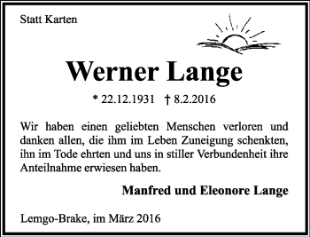 Anzeige  Werner Lange  Lippische Landes-Zeitung