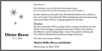 Anzeige  Dieter Reese  Lippische Landes-Zeitung