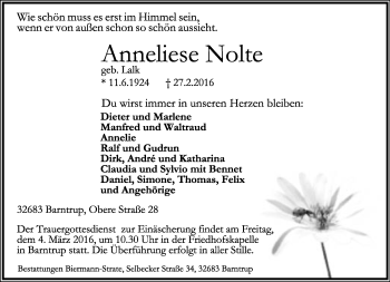 Anzeige  Anneliese Nolte  Lippische Landes-Zeitung