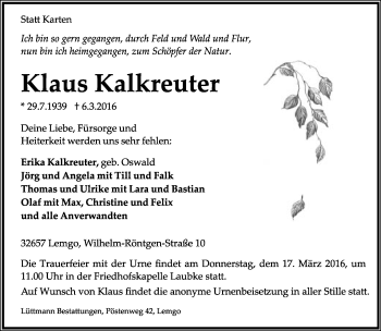 Anzeige  Klaus Kalkreuter  Lippische Landes-Zeitung