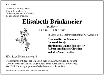 Anzeige  Elisabeth Brinkmeier  Lippische Landes-Zeitung