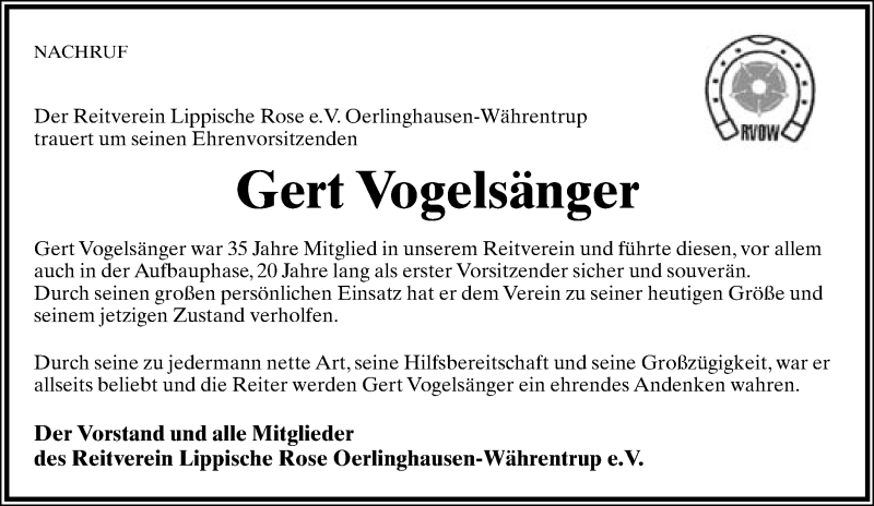  Traueranzeige für Gert Vogelsänger vom 12.03.2016 aus Lippische Landes-Zeitung