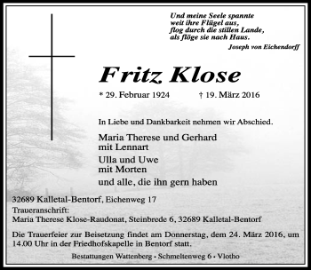 Anzeige  Fritz Klose  Lippische Landes-Zeitung
