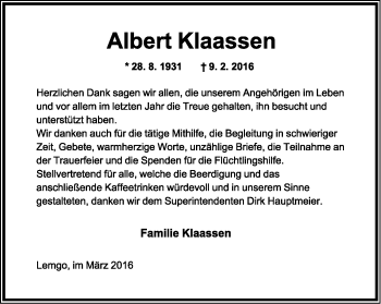 Anzeige  Albert Klaassen  Lippische Landes-Zeitung