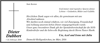 Anzeige  Dieter Dubbert  Lippische Landes-Zeitung
