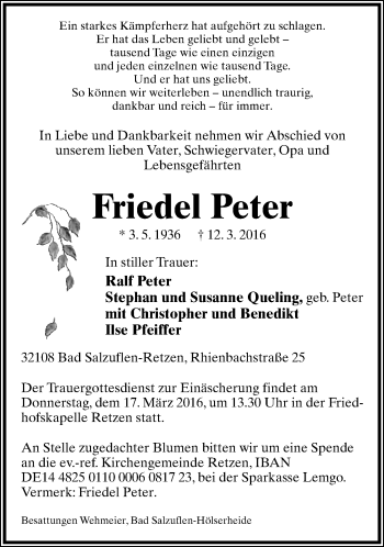 Anzeige  Friedel Peter  Lippische Landes-Zeitung