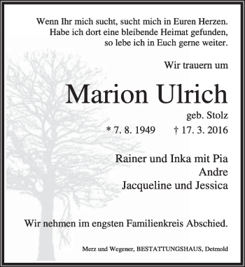 Anzeige  Marion Ulrich  Lippische Landes-Zeitung