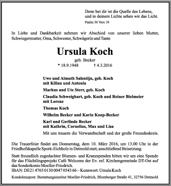 Anzeige  Ursula Koch  Lippische Landes-Zeitung