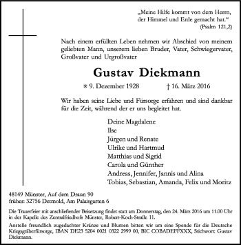Anzeige  Gustav Diekmann  Lippische Landes-Zeitung
