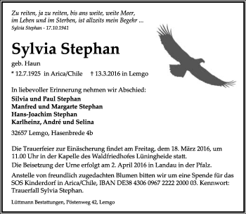 Anzeige  Sylvia Stephan  Lippische Landes-Zeitung