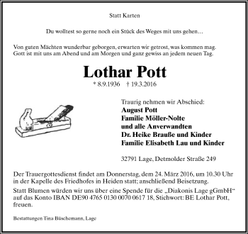 Anzeige  Lothar Pott  Lippische Landes-Zeitung