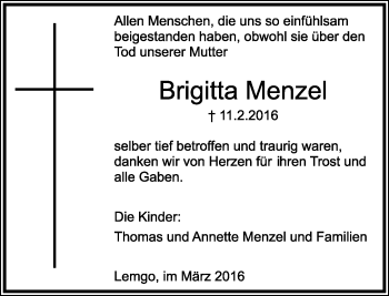 Anzeige  Brigitta Menzel  Lippische Landes-Zeitung