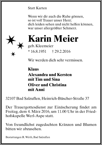 Anzeige  Karin Meier  Lippische Landes-Zeitung