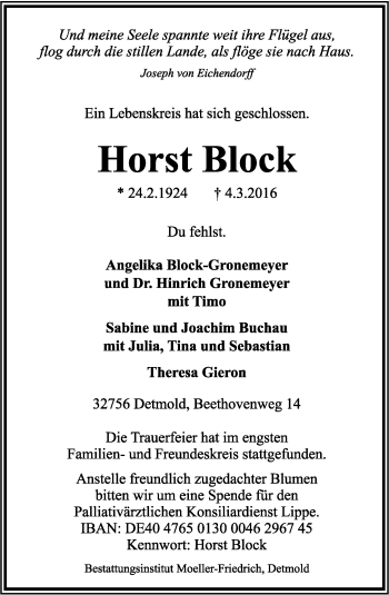 Anzeige  Horst Block  Lippische Landes-Zeitung