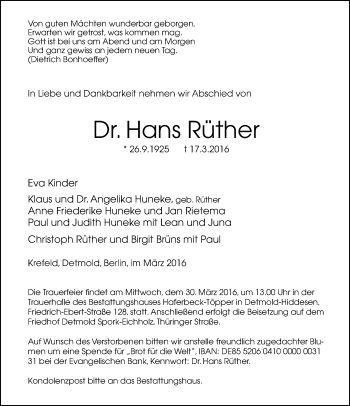 Anzeige  Hans Rüther  Lippische Landes-Zeitung