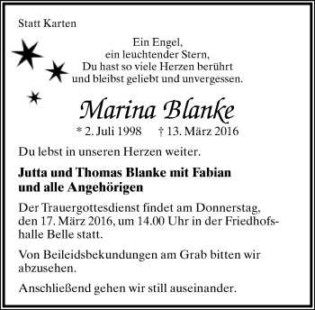 Anzeige  Marina Blanke  Lippische Landes-Zeitung