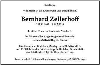 Anzeige  Bernhard Zellerhoff  Lippische Landes-Zeitung