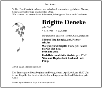 Anzeige  Brigitte Deneke  Lippische Landes-Zeitung