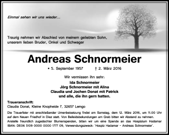 Anzeige  Andreas Schnormeier  Lippische Landes-Zeitung