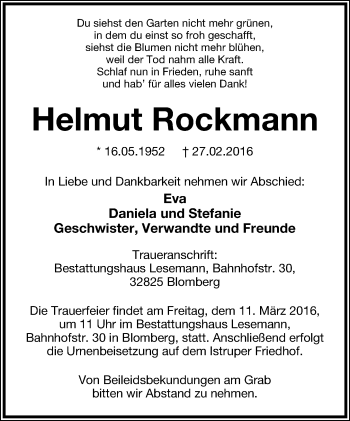 Anzeige  Helmut Rockmann  Lippische Landes-Zeitung