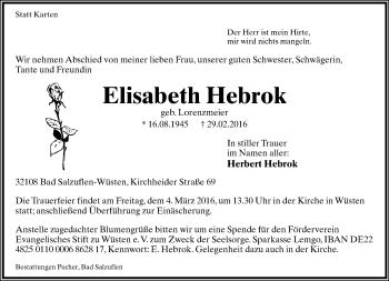 Anzeige  Elisabeth Hebrok  Lippische Landes-Zeitung