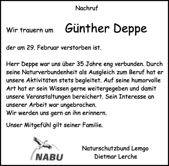 Anzeige  Günther Deppe  Lippische Landes-Zeitung