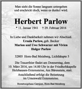Anzeige  Herbert Parlow  Lippische Landes-Zeitung
