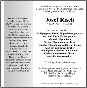 Anzeige  Josef Risch  Lippische Landes-Zeitung