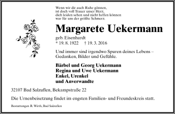 Anzeige  Margarete Uekermann  Lippische Landes-Zeitung