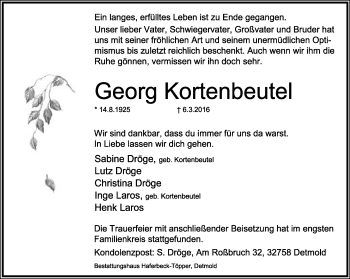 Anzeige  Georg Kortenbeutel  Lippische Landes-Zeitung