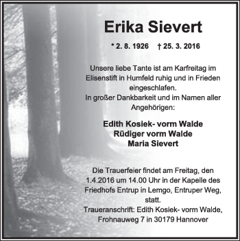 Anzeige  Erika Sievert  Lippische Landes-Zeitung