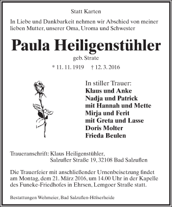 Anzeige  Paula Heiligenstühler  Lippische Landes-Zeitung