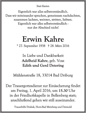 Anzeige  Erwin Kahre  Lippische Landes-Zeitung