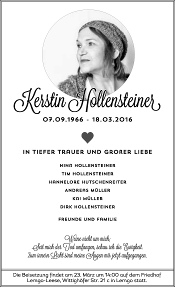 Anzeige  Kerstin Hollenstein  Lippische Landes-Zeitung