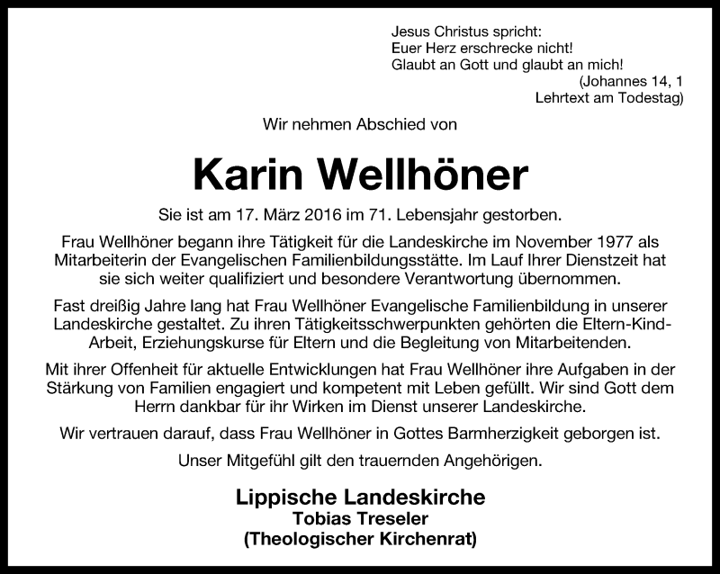  Traueranzeige für Karin Wellhöner vom 25.03.2016 aus Lippische Landes-Zeitung