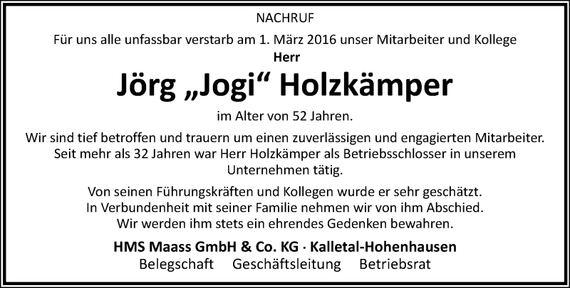  Traueranzeige für Jörg Holzkämper vom 05.03.2016 aus Lippische Landes-Zeitung