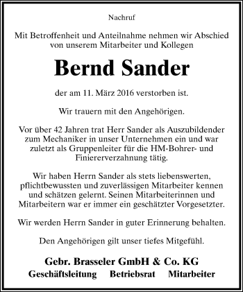 Anzeige  Bernd Sander  Lippische Landes-Zeitung