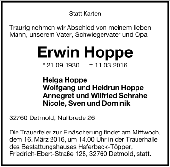Anzeige  Erwin Hoppe  Lippische Landes-Zeitung