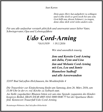 Anzeige  Udo Cord-Arning  Lippische Landes-Zeitung