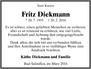 Anzeige  Fritz Diekmann  Lippische Landes-Zeitung