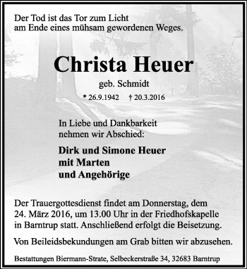 Anzeige  Christa Heuer  Lippische Landes-Zeitung