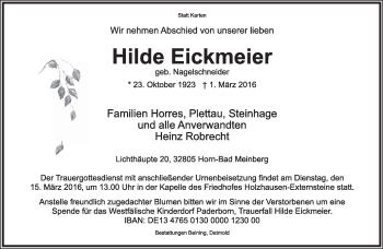Anzeige  Hilde Eickmeier  Lippische Landes-Zeitung